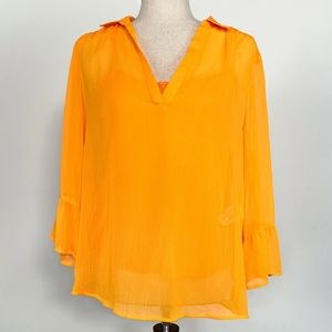 NWT DKNY Women's Orange Textured Sheer Split Hem Blouse Size Small